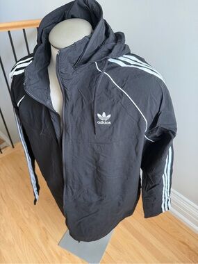 adidas Black Hooded Windbreaker with White Stripes